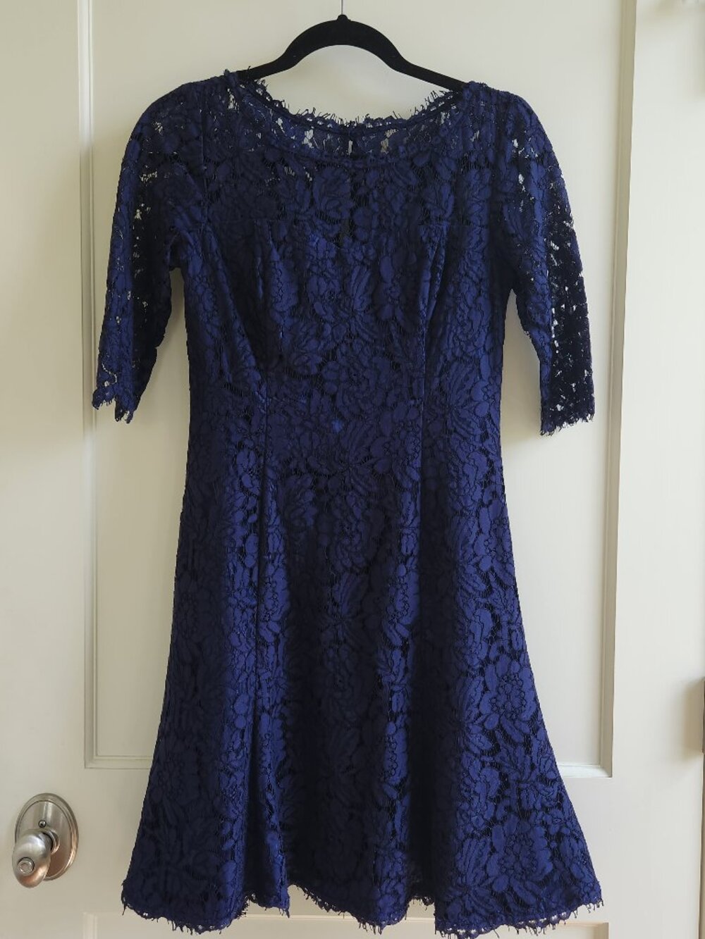 Eliza J Navy Lace Fit & Flare Dress Short Sleeve Cocktail Wedding Guest Size 2